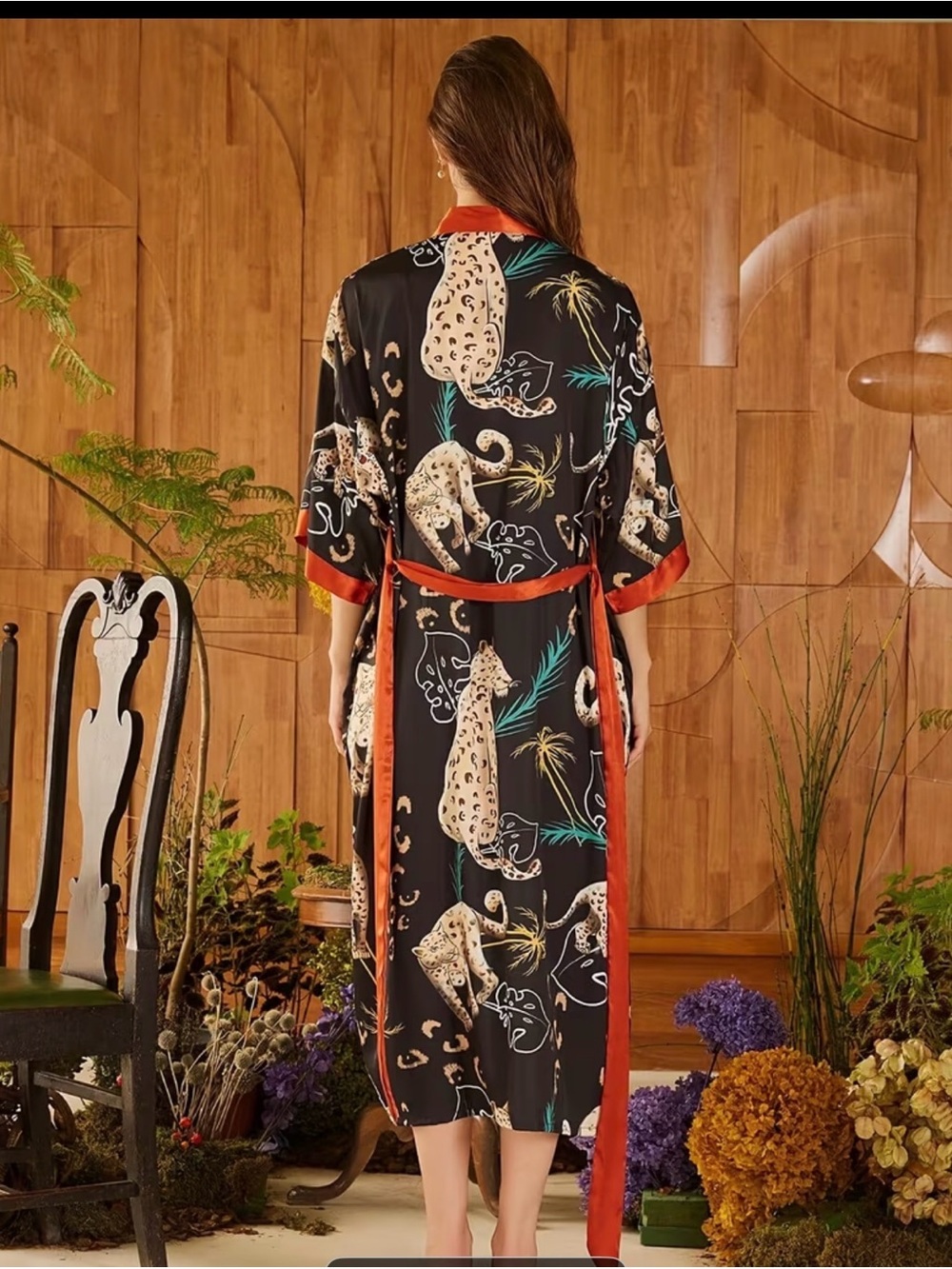 Silky Leopard Print Long Kimono Robe - Black with Rust Trim